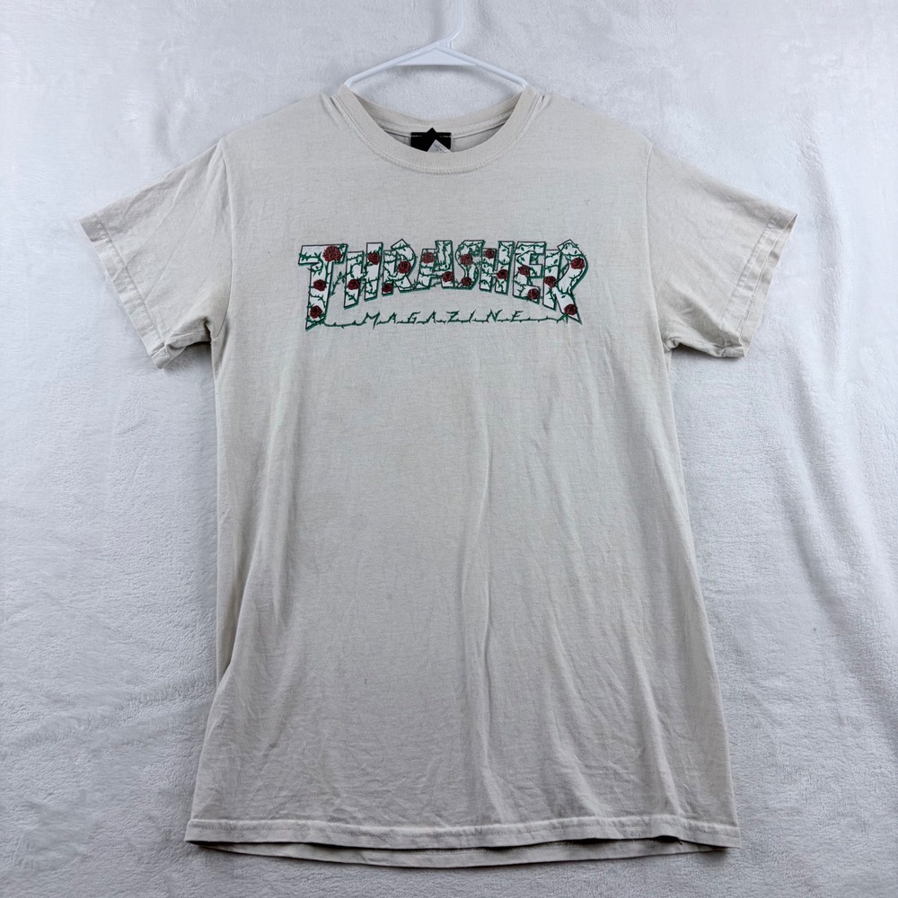 Thrasher Rose Thorn Logo Graphic T-Shirt Sand Skate Tee Size Small